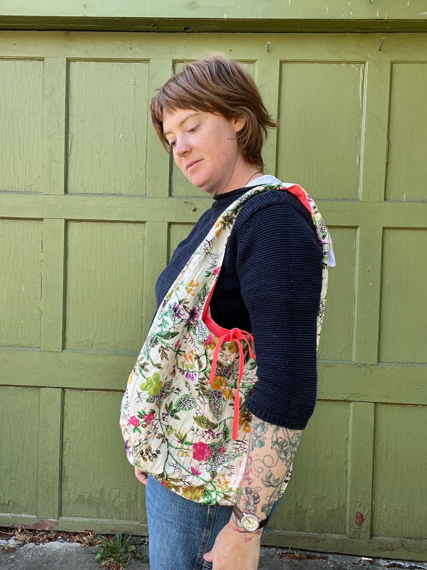 "Coral Splash" Kantha Quilt Large Slouchy Tote