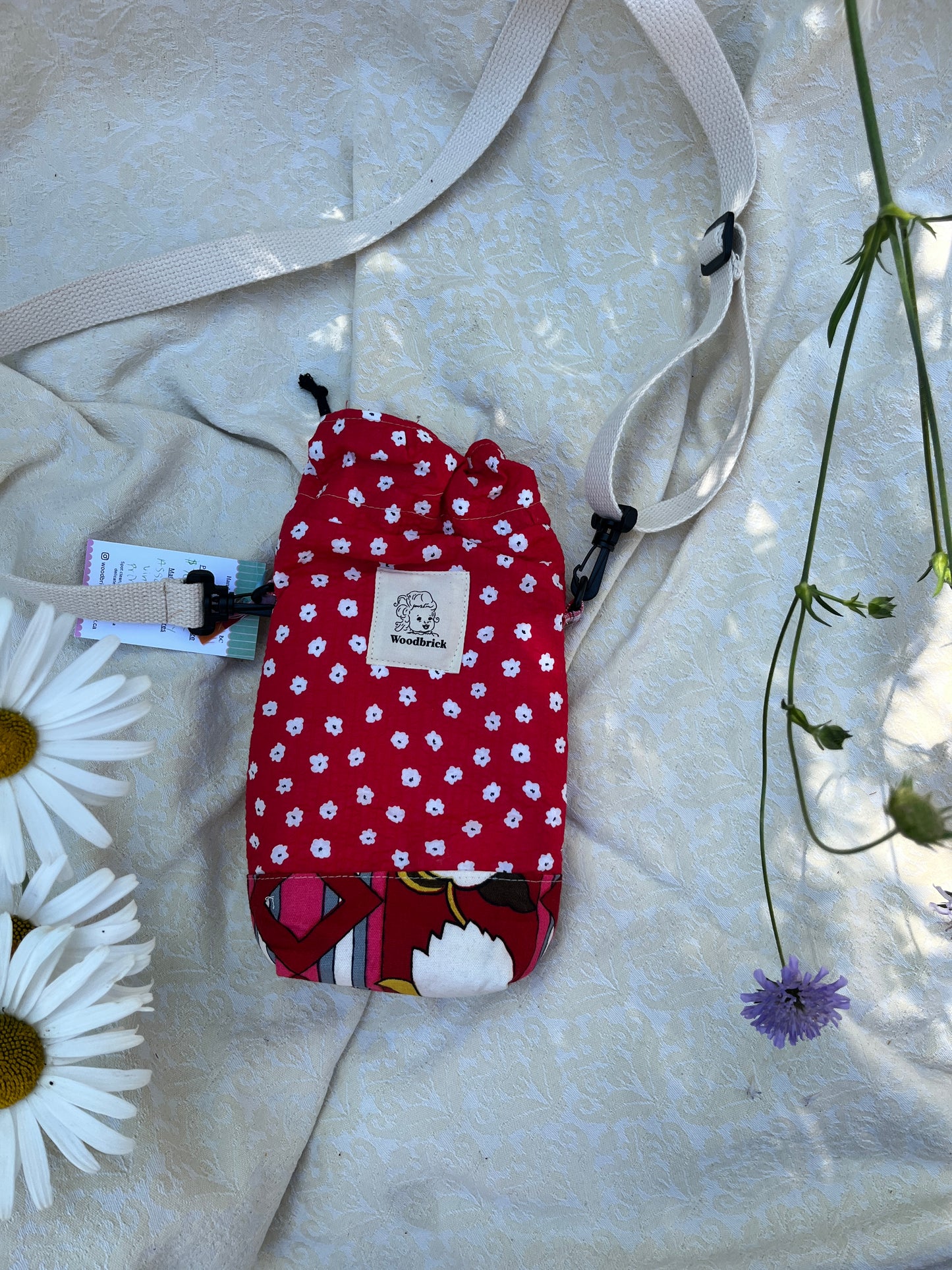 "Cherry Bomb" Vintage Fabric Upcycled Crossbody Water Bottle Sling