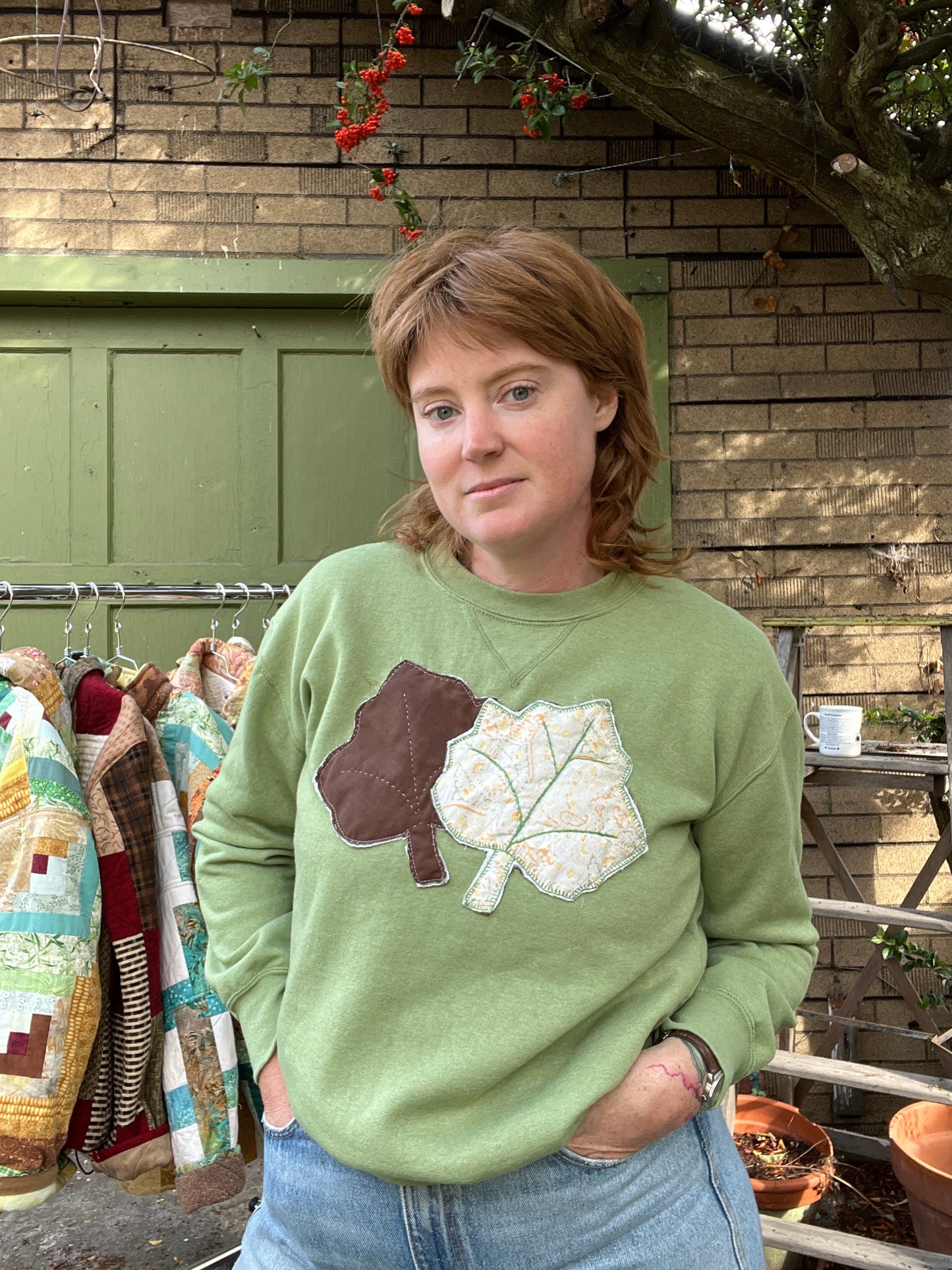 "Green Sleaves" Appliqued Sweater