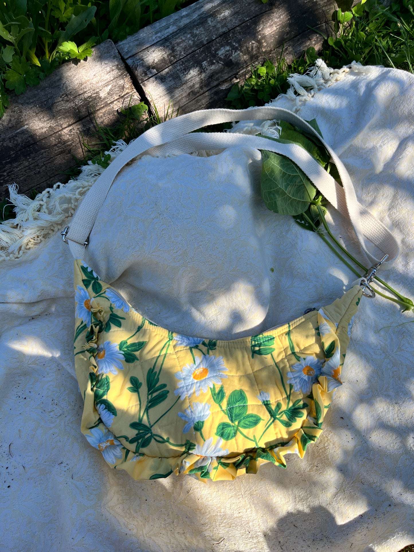 "Shasta" Quilted Upcycled Sidekick Crescent Bag with Ruffle