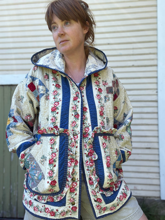 “Blue Roses” Quilt Coat - L