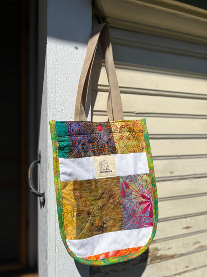 “Bold Batik” Lulu-style upcycled quilt shopping bag