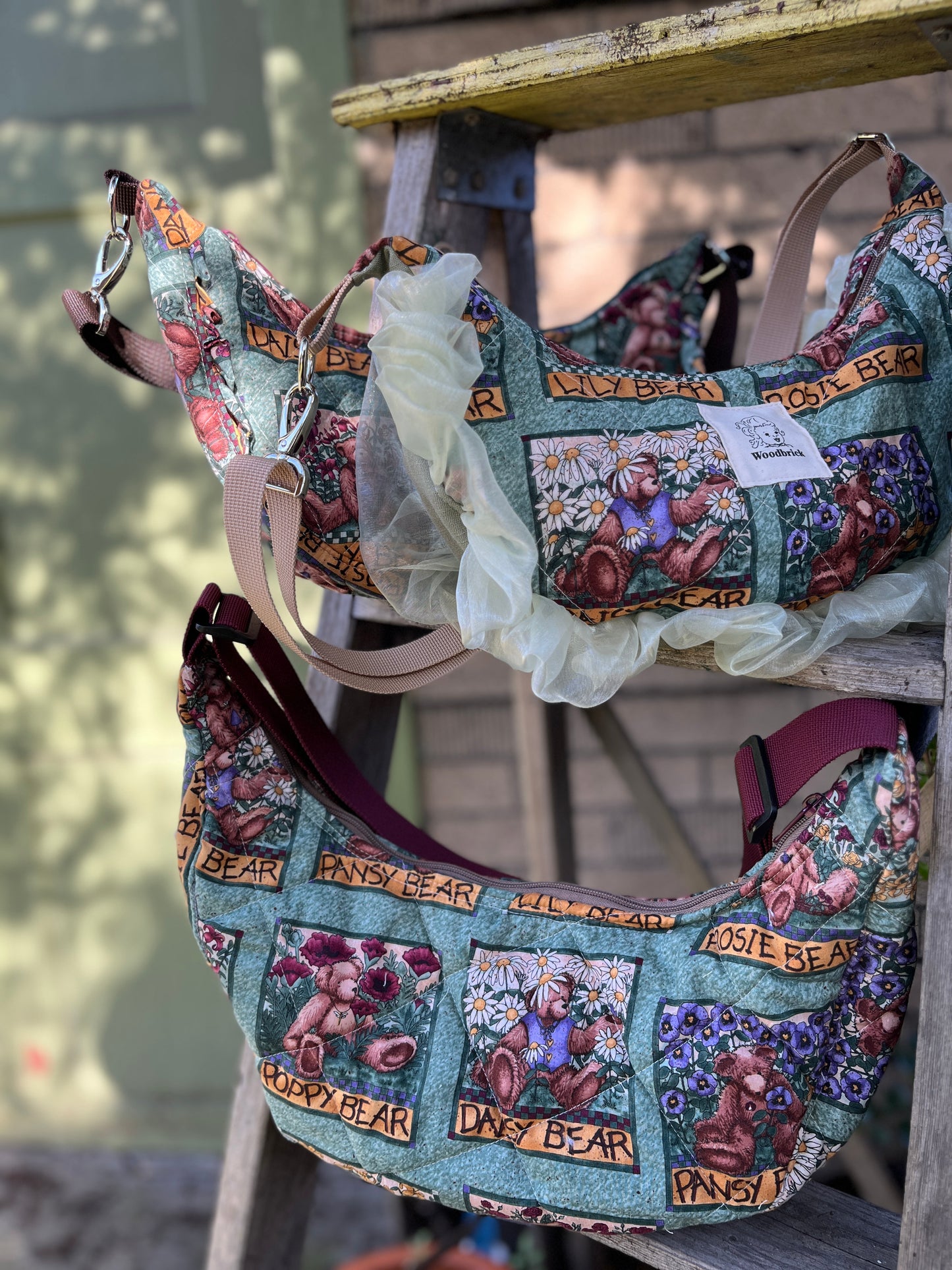 "Ruffled Flower Bear" Upcycled Sidekick Crescent Bag