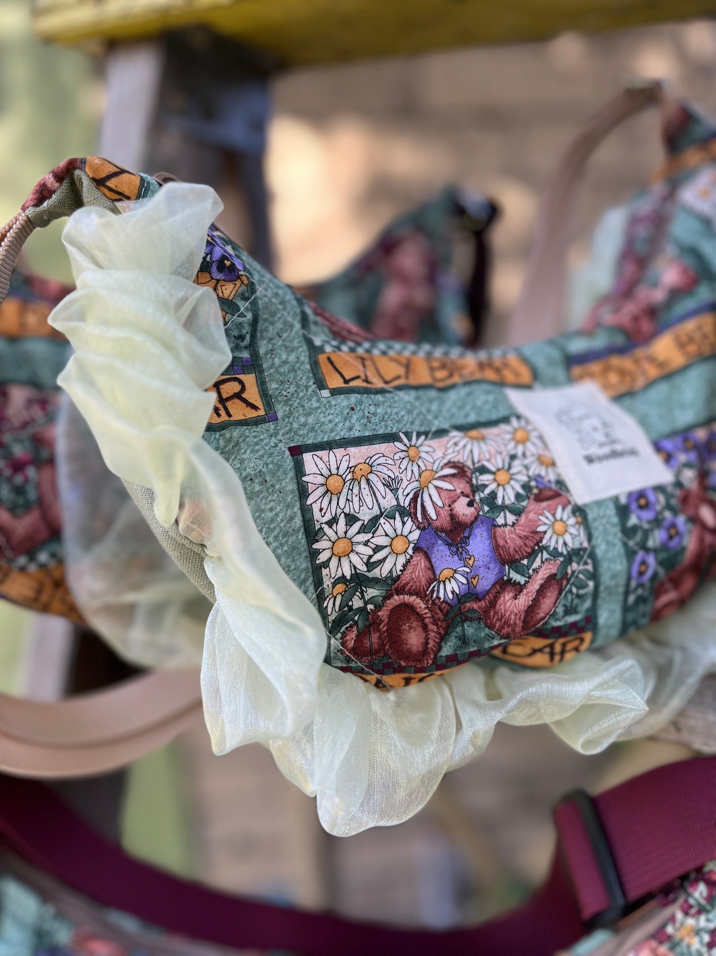 "Ruffled Flower Bear" Upcycled Sidekick Crescent Bag