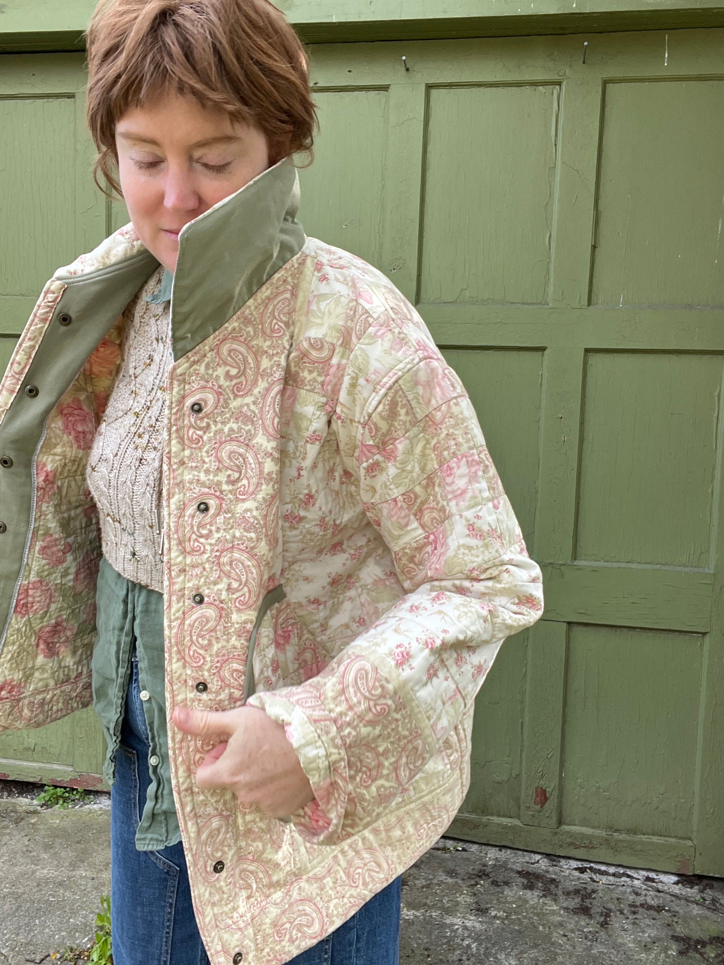 "Thyme" Upcycled Quilt Chore Coat - L
