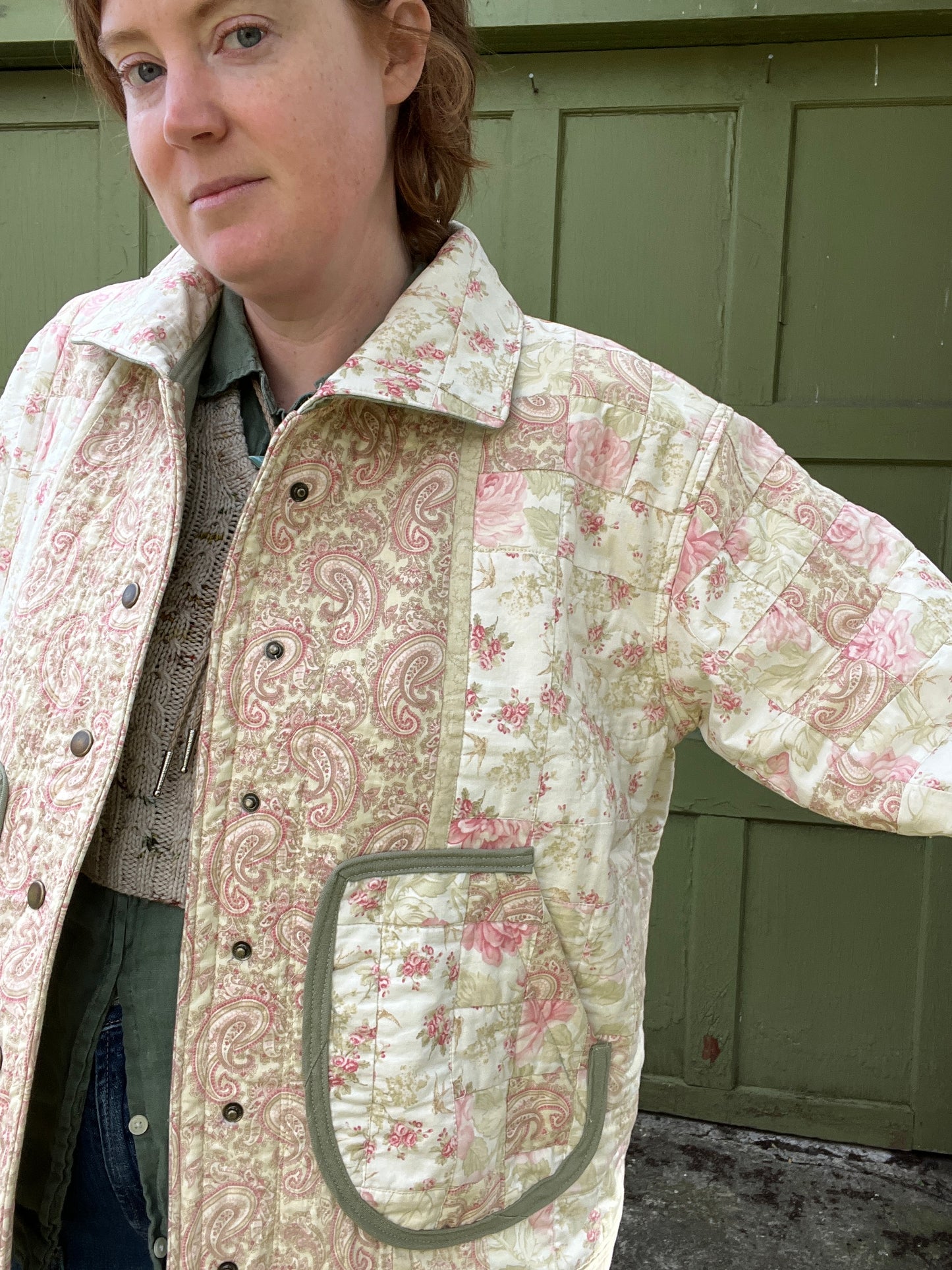 "Thyme" Upcycled Quilt Chore Coat - L