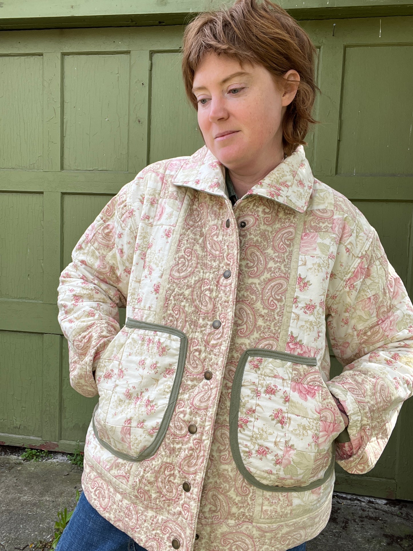 "Thyme" Upcycled Quilt Chore Coat - L