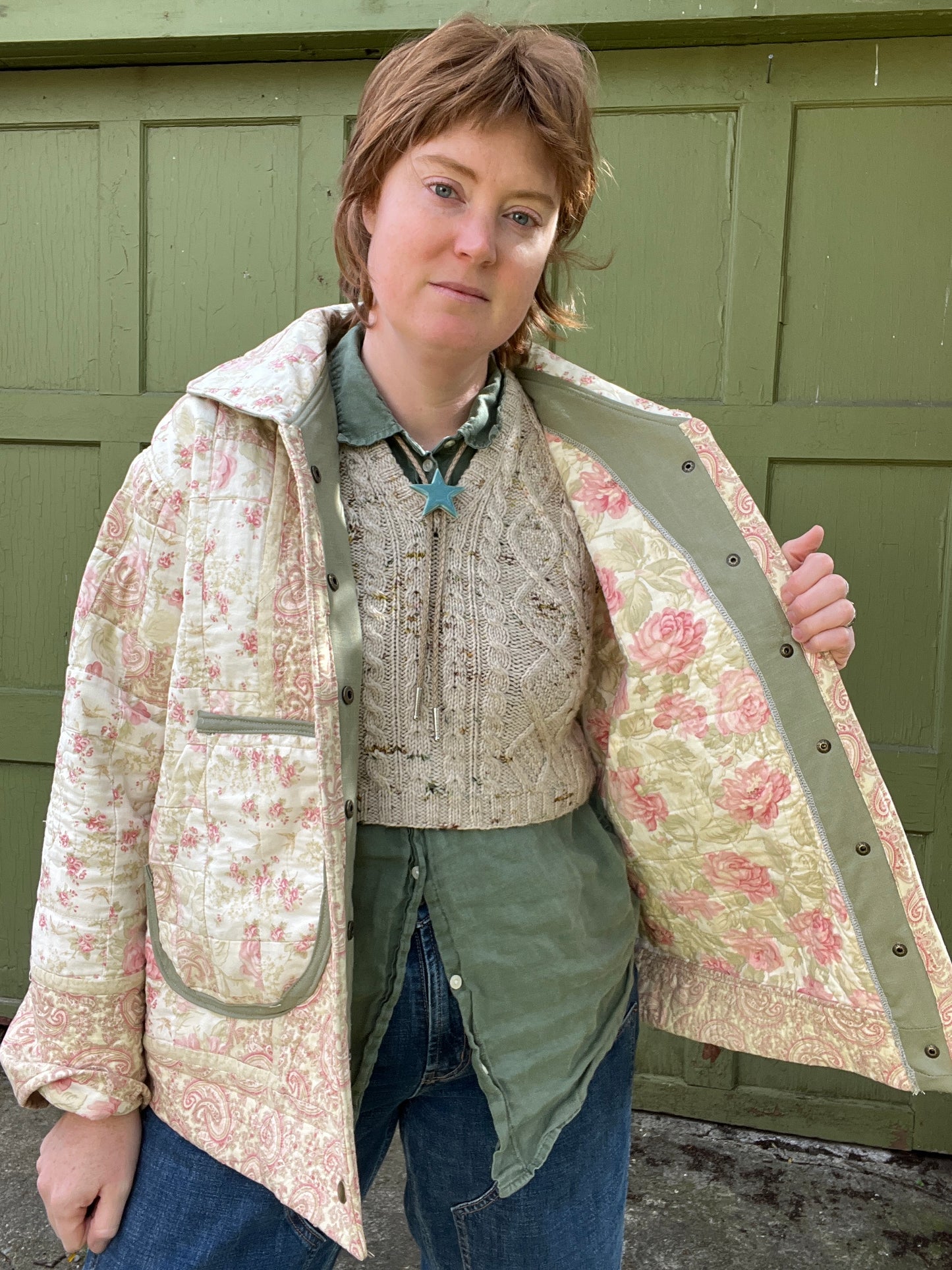"Thyme" Upcycled Quilt Chore Coat - L