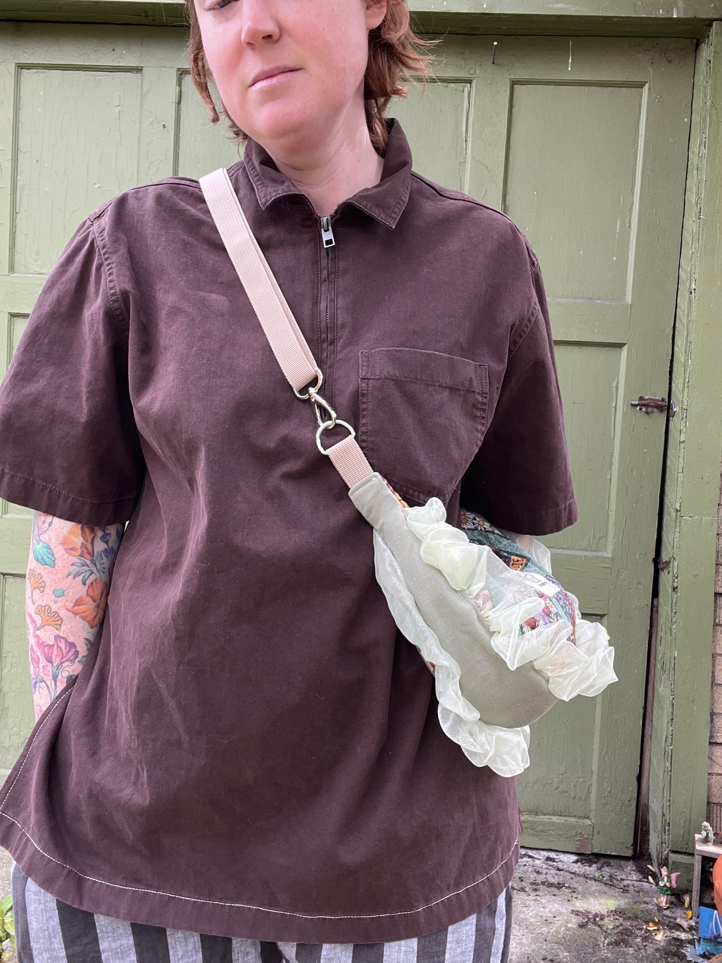 "Ruffled Flower Bear" Upcycled Sidekick Crescent Bag