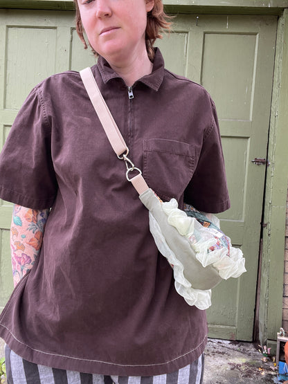 "Ruffled Flower Bear" Upcycled Sidekick Crescent Bag