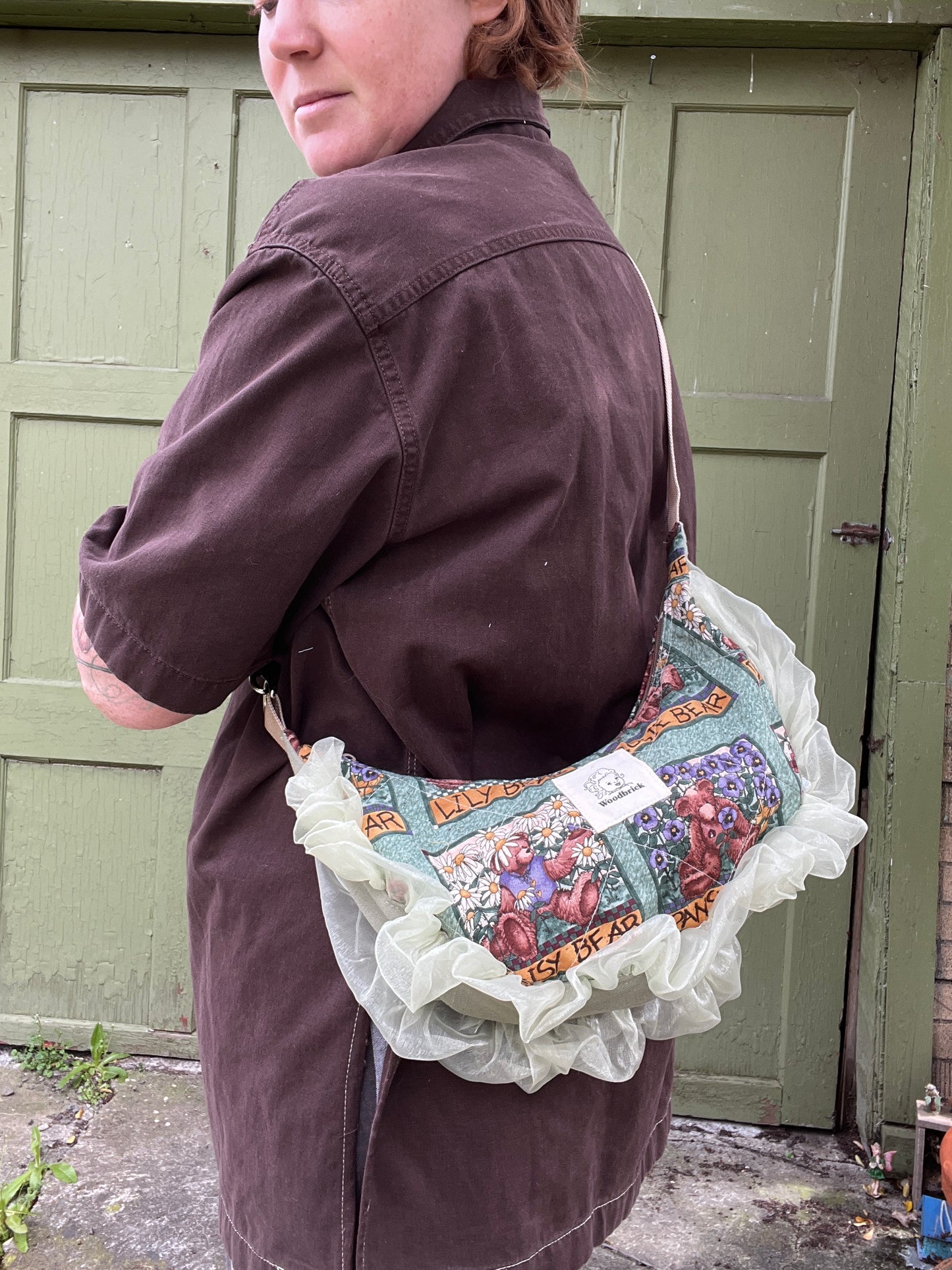 "Ruffled Flower Bear" Upcycled Sidekick Crescent Bag