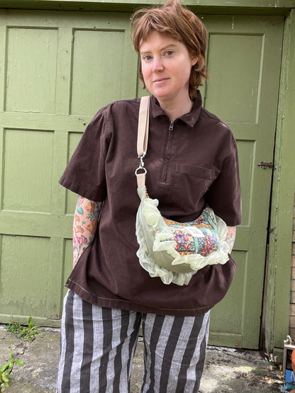 "Ruffled Flower Bear" Upcycled Sidekick Crescent Bag