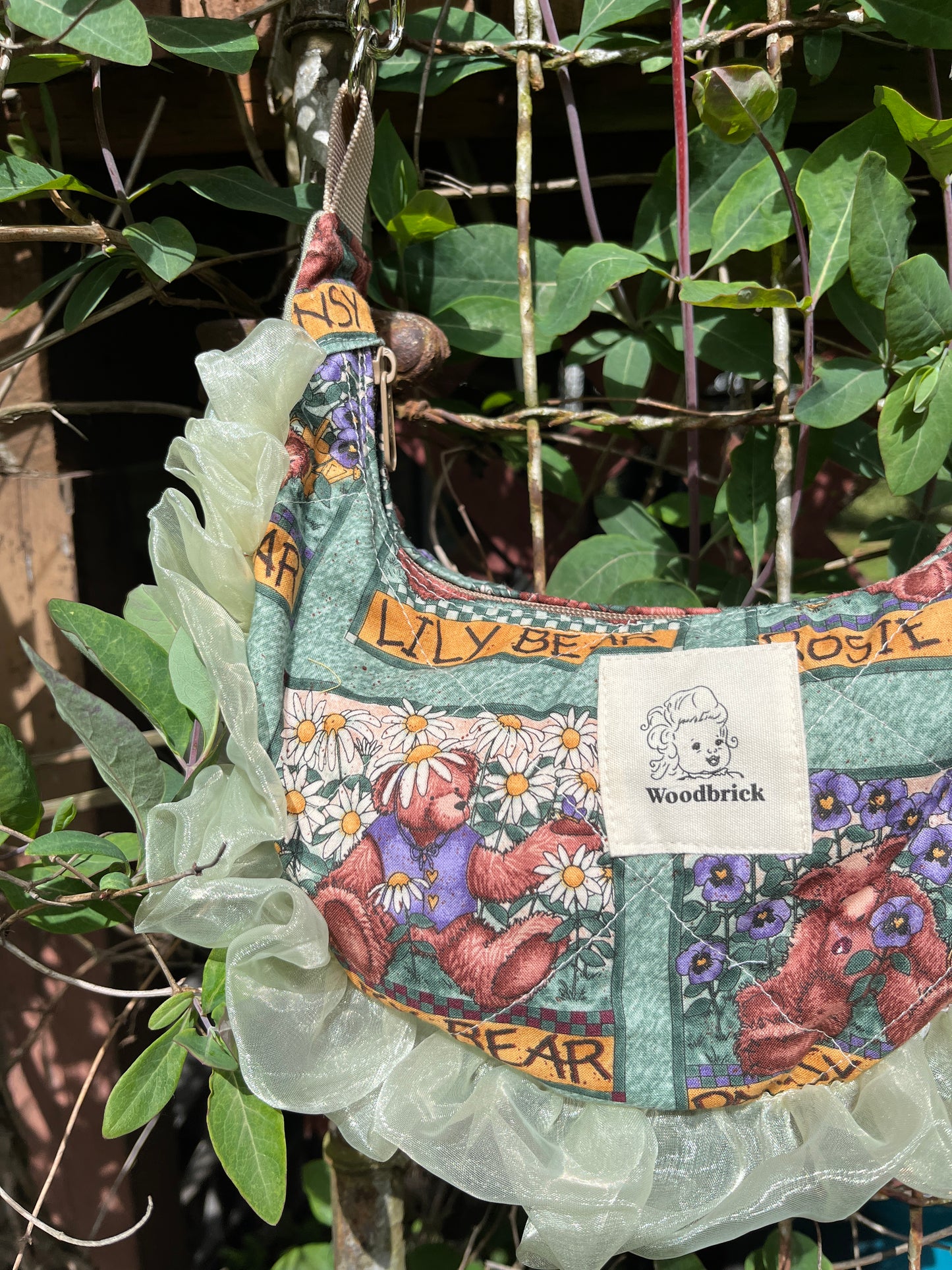 "Ruffled Flower Bear" Upcycled Sidekick Crescent Bag