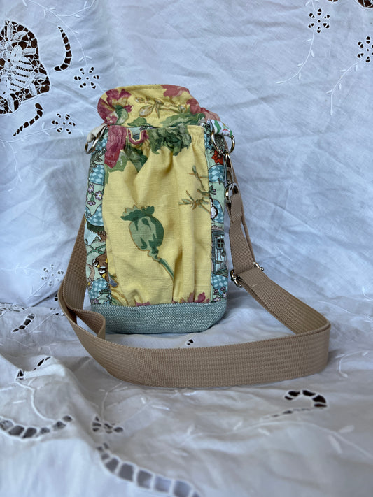 "Yellow Poppy" Upcycled Crossbody Water Bottle Sling with Side Opening