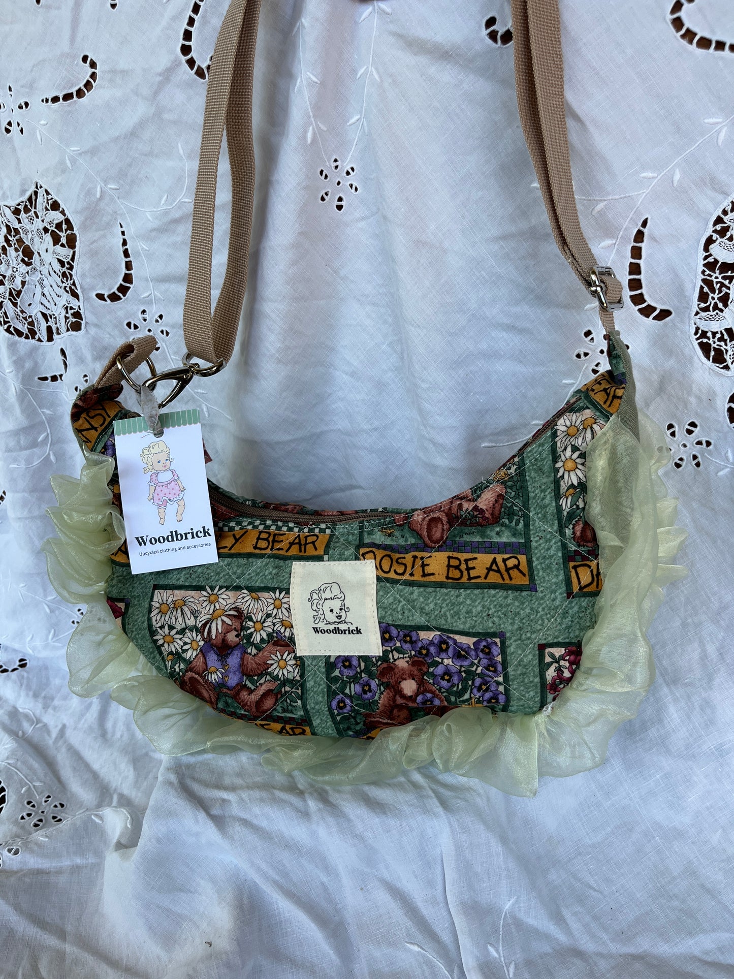 "Ruffled Flower Bear" Upcycled Sidekick Crescent Bag