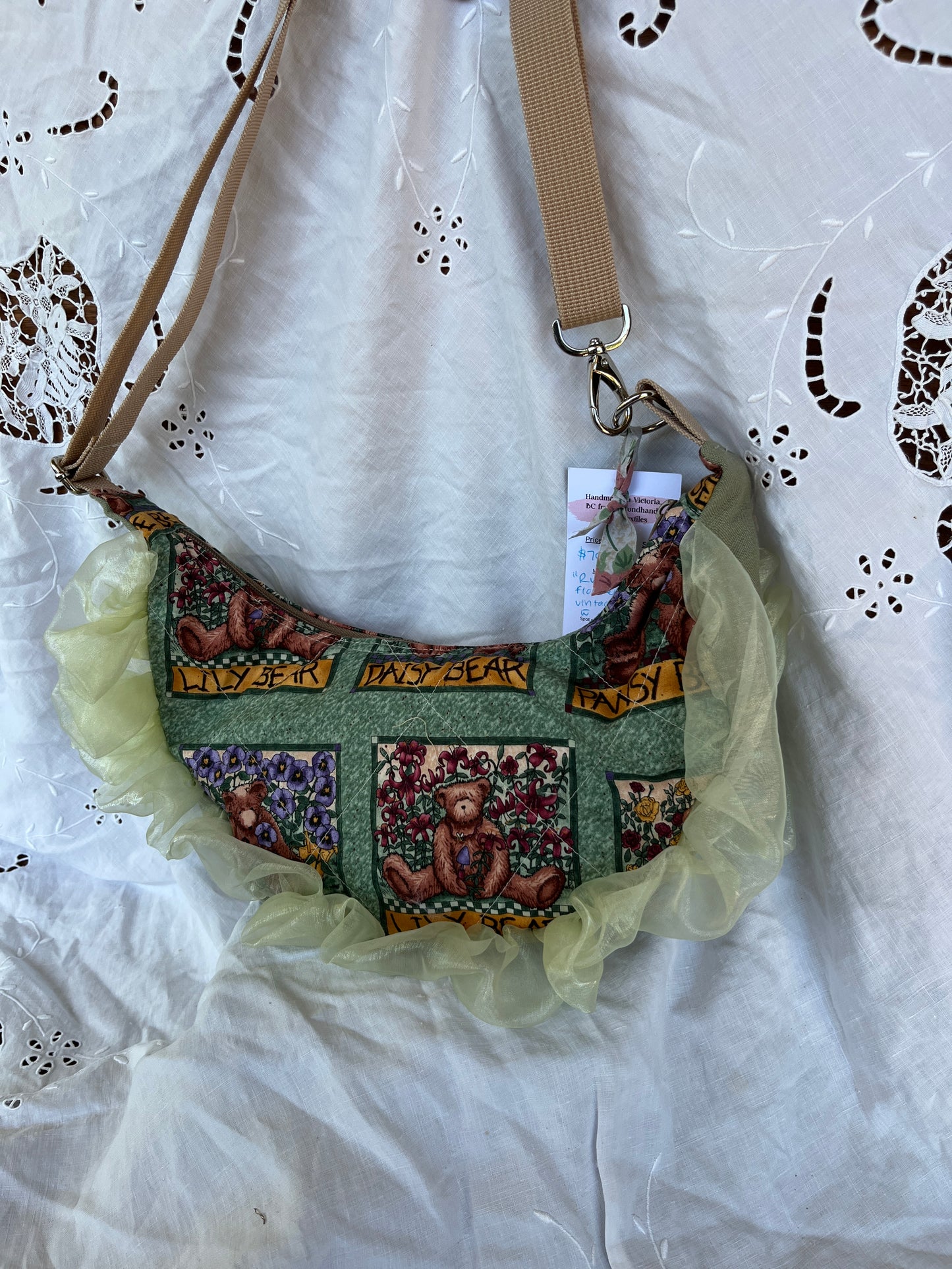"Ruffled Flower Bear" Upcycled Sidekick Crescent Bag