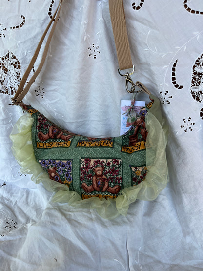 "Ruffled Flower Bear" Upcycled Sidekick Crescent Bag