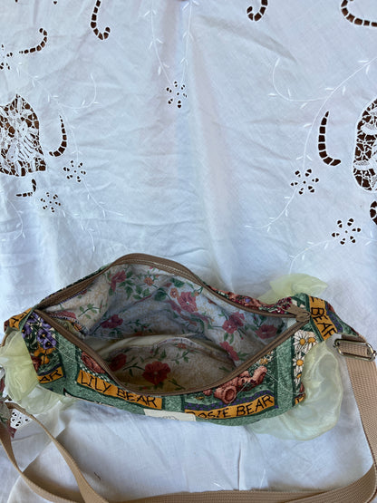 "Ruffled Flower Bear" Upcycled Sidekick Crescent Bag