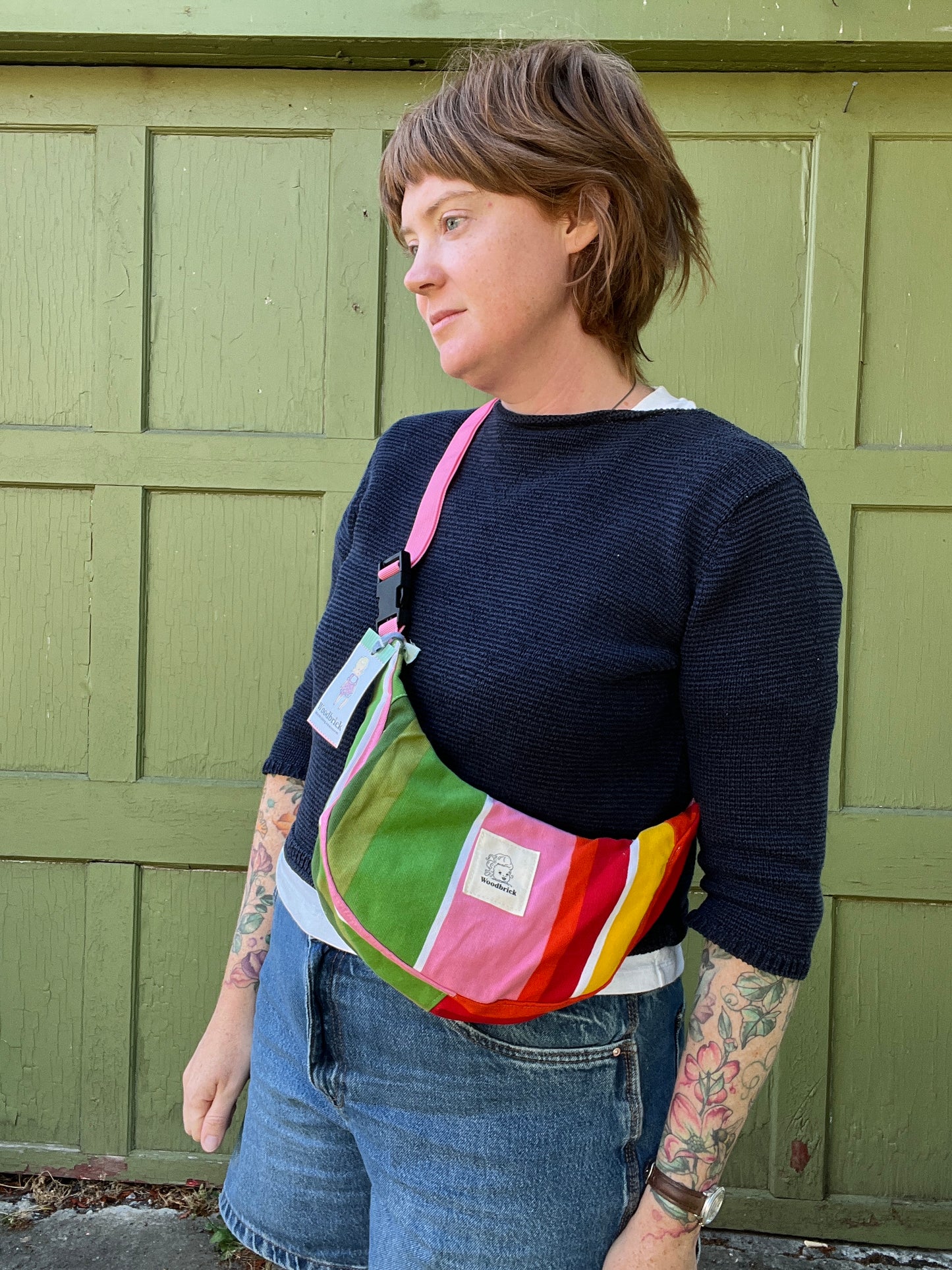 "Pink Stripe" Vintage Ikea Print Sidekick Crescent Bag