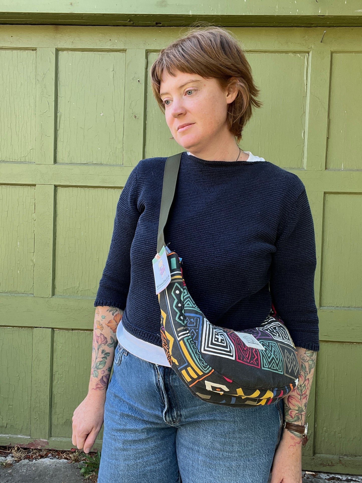 "Jenny Kee-Dark Side" Vintage Print Upcycled Classic Crescent Bag