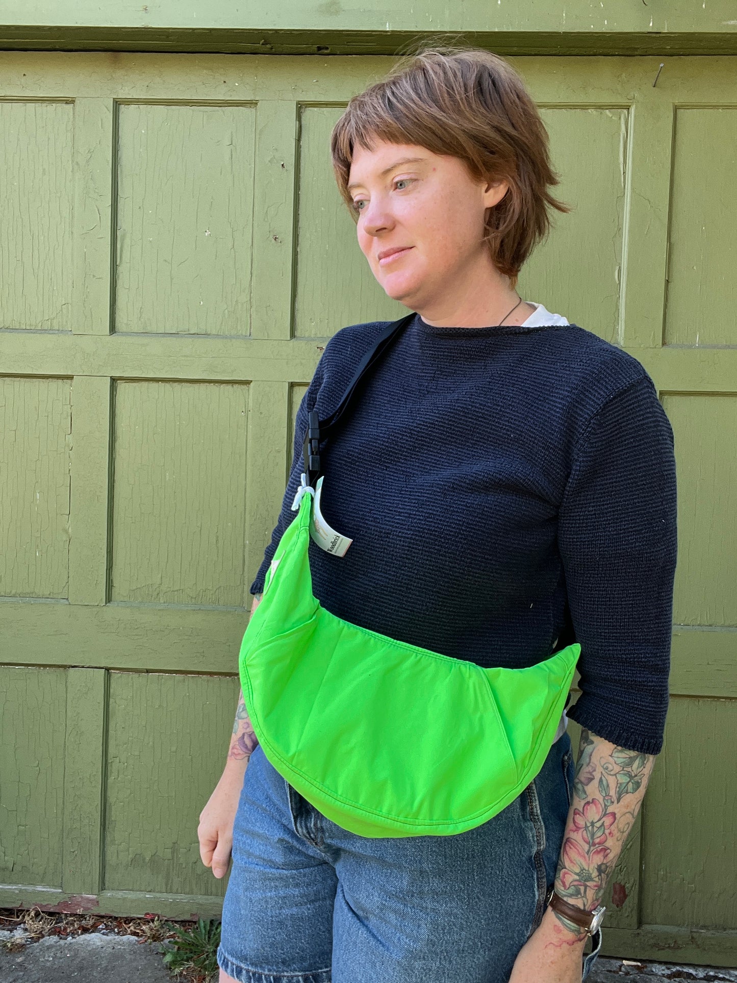 "Day Glo Slime" with Kangaroo Pocket Water Resistant Upcycled Classic Crescent Bag