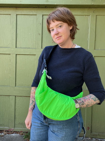 "Day Glo Slime" with Kangaroo Pocket Water Resistant Upcycled Classic Crescent Bag