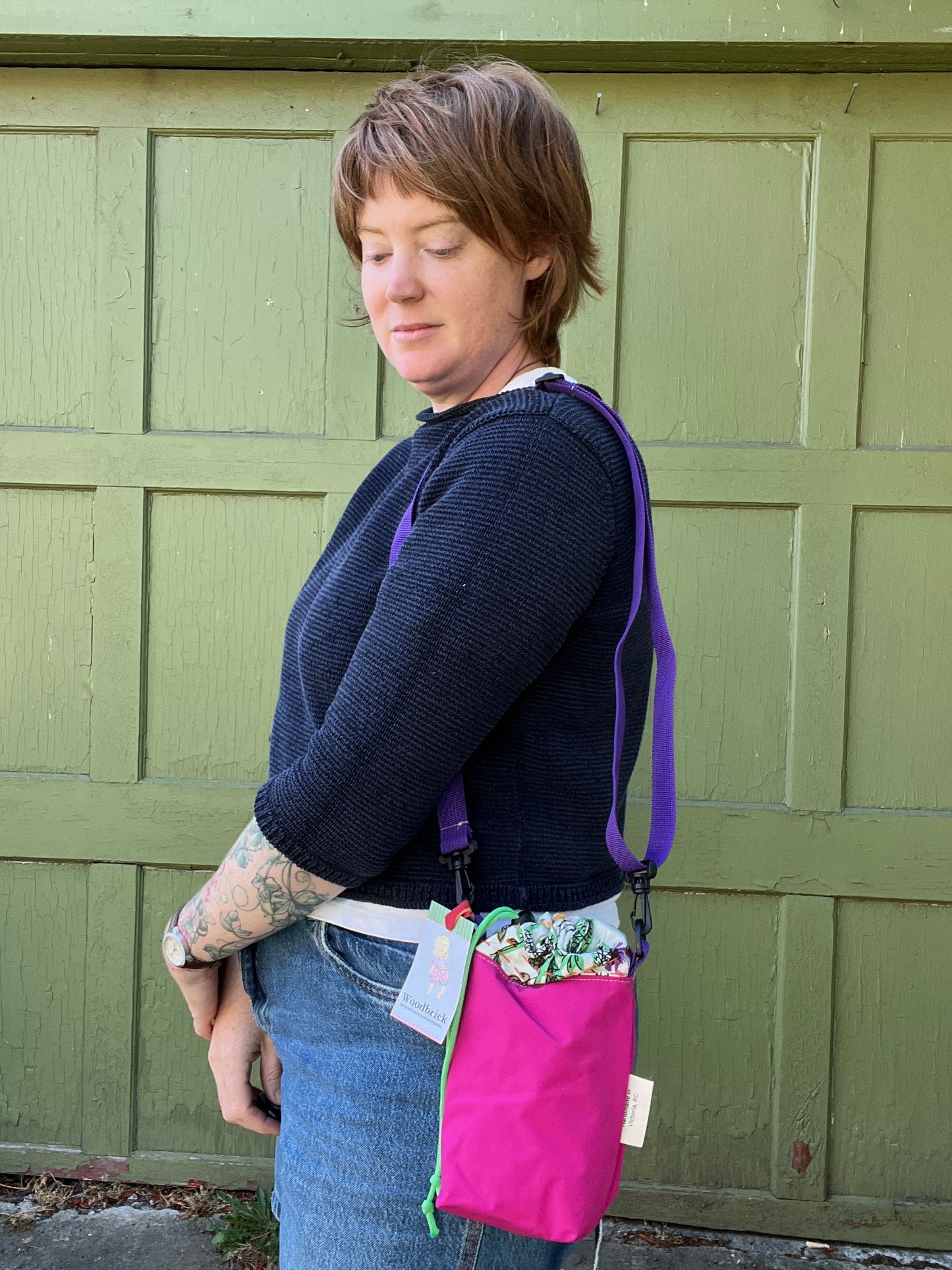 "Hot Pink Summer"  Water Resistant Kantha Quilt Upcycled Crossbody Water Bottle Sling