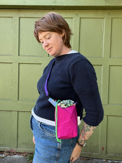 "Hot Pink Summer"  Water Resistant Kantha Quilt Upcycled Crossbody Water Bottle Sling