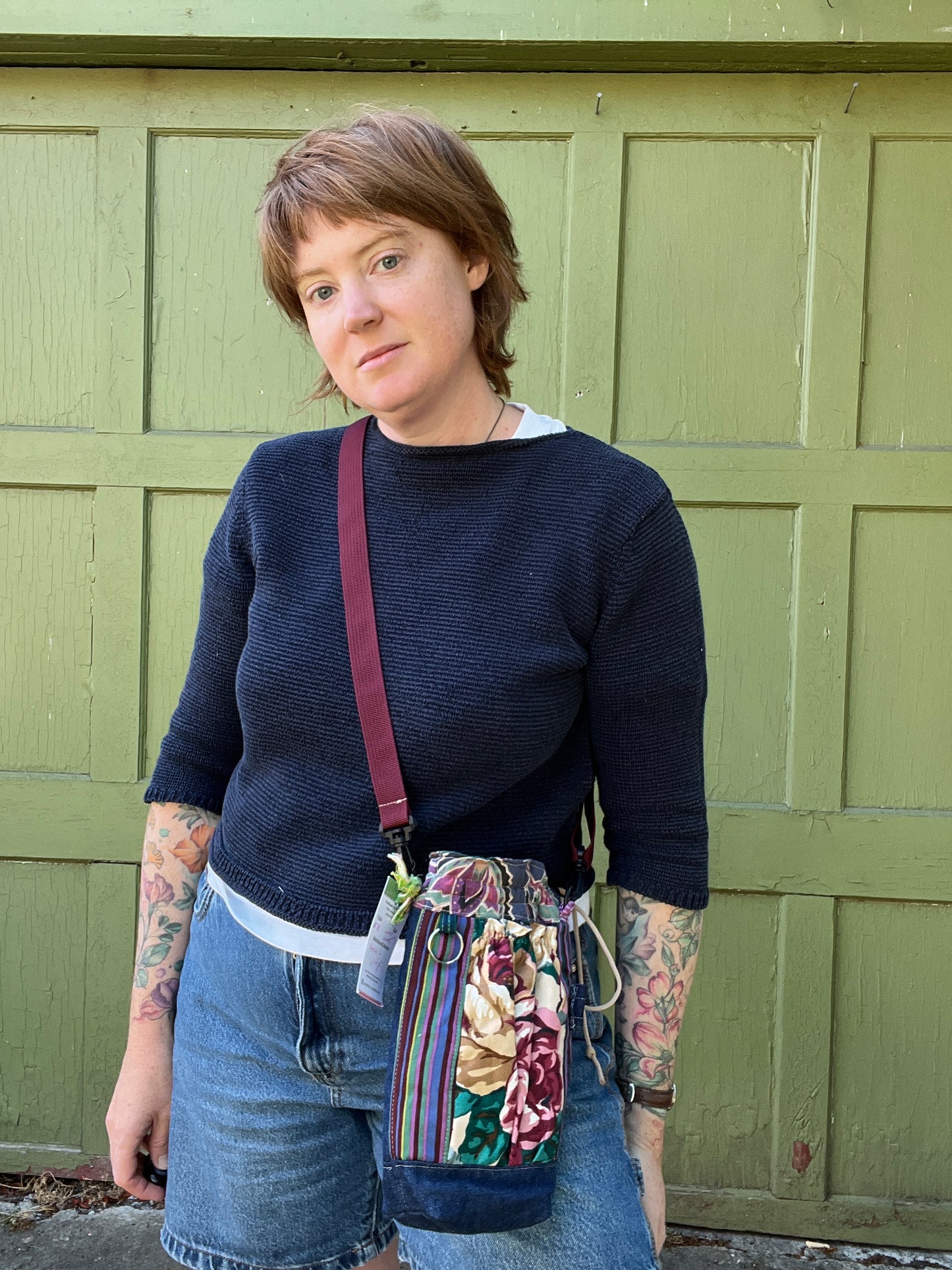 "Garden Show" Upcycled Crossbody Water Bottle Sling with Side Opening