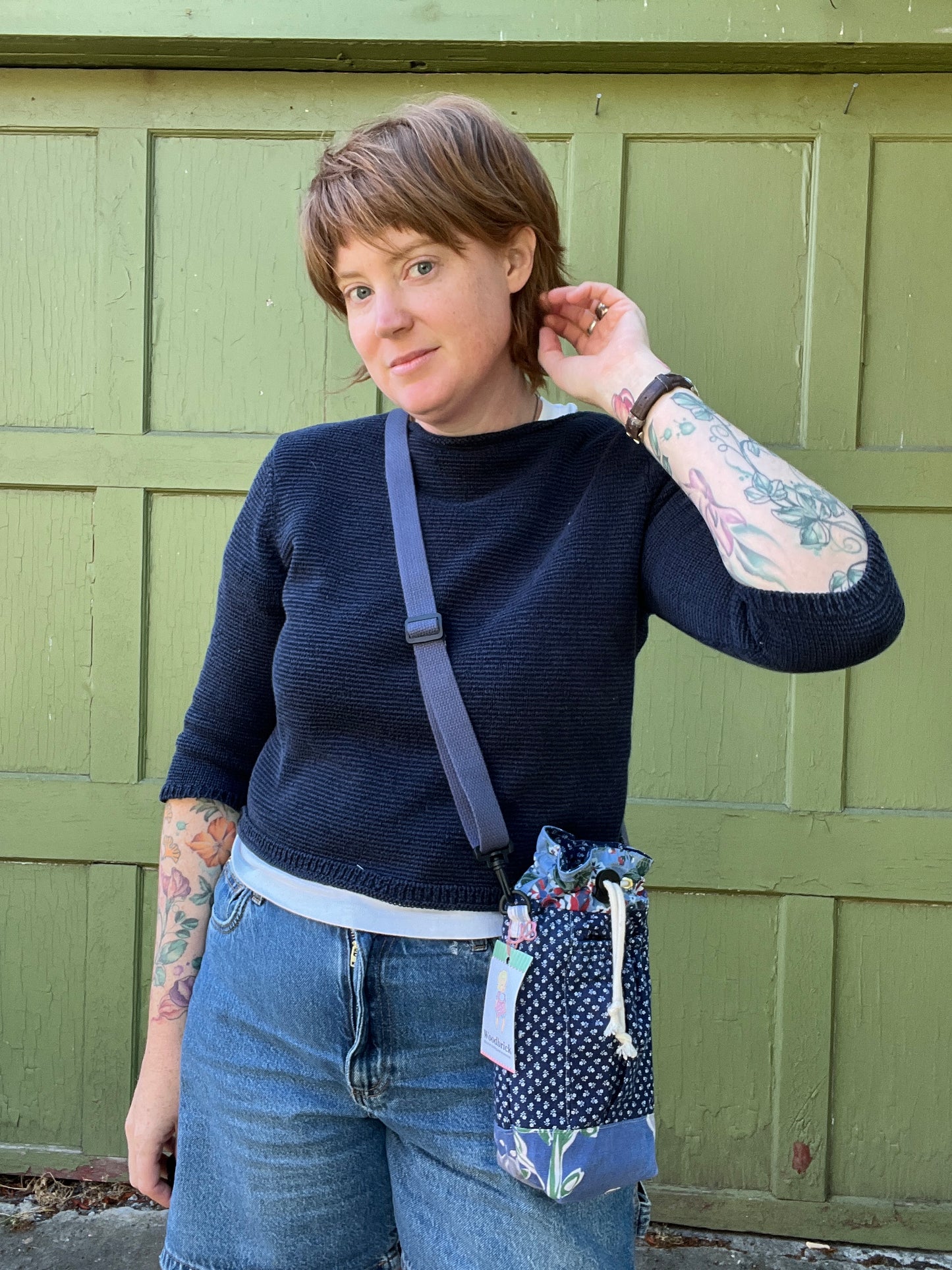 "Prairie Blue" Vintage Fabric Upcycled Crossbody Water Bottle Sling