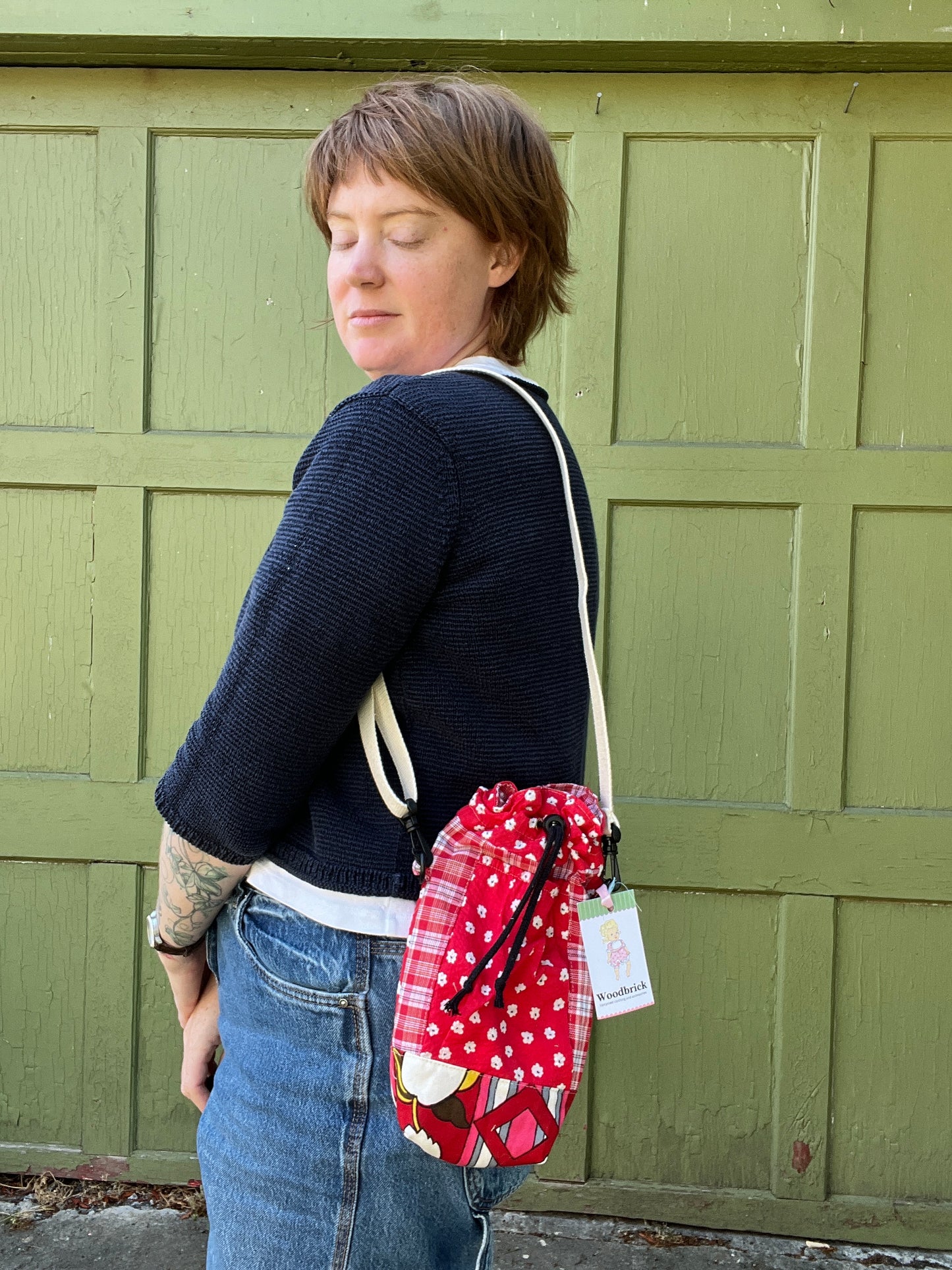 "Cherry Bomb" Vintage Fabric Upcycled Crossbody Water Bottle Sling