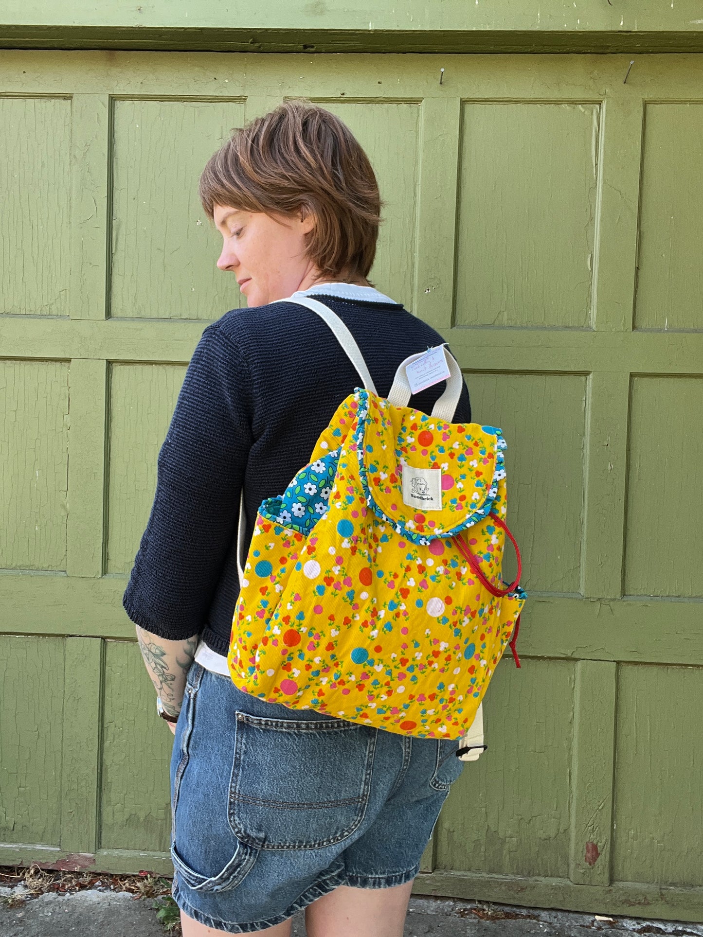 "Sunshine" Vintage Corduroy Quilted Drawstring Backpack