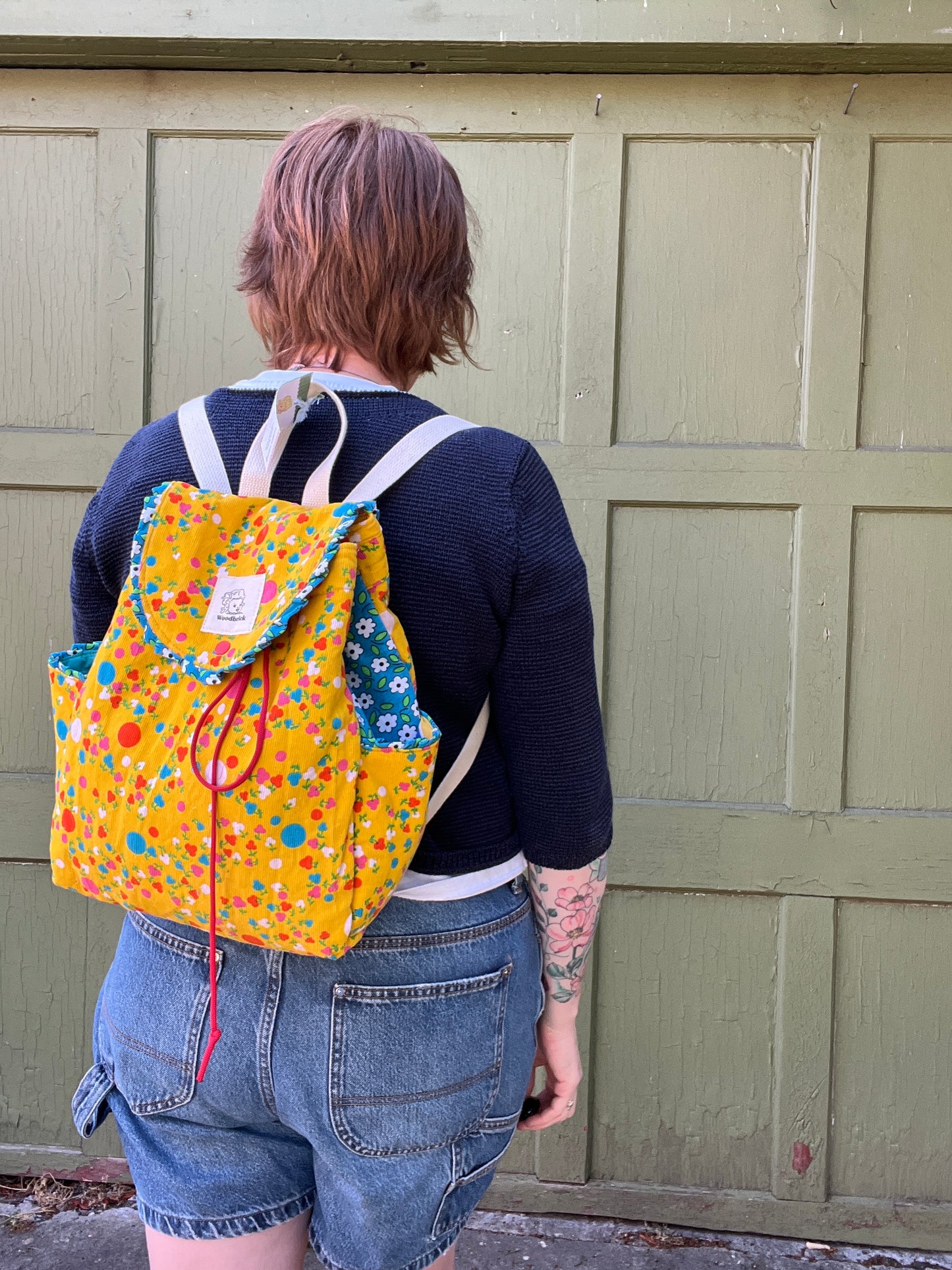 "Sunshine" Vintage Corduroy Quilted Drawstring Backpack