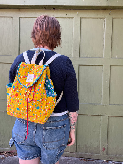 "Sunshine" Vintage Corduroy Quilted Drawstring Backpack