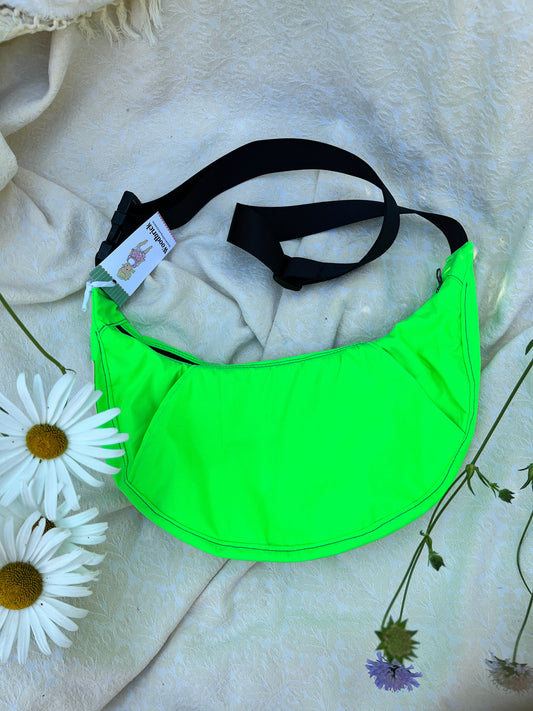 "Day Glo Slime" with Kangaroo Pocket Water Resistant Upcycled Classic Crescent Bag
