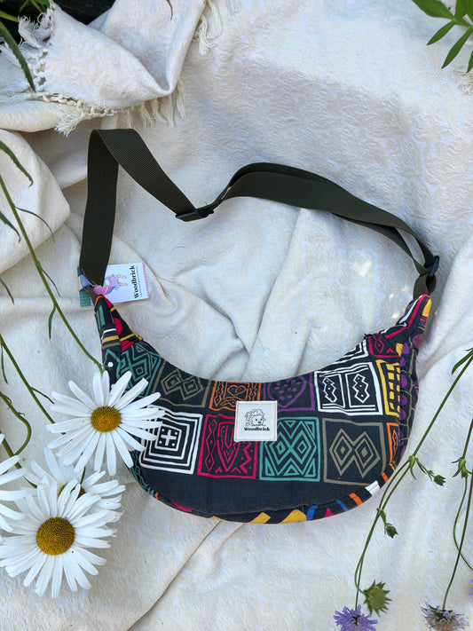 "Jenny Kee-Dark Side" Vintage Print Upcycled Classic Crescent Bag