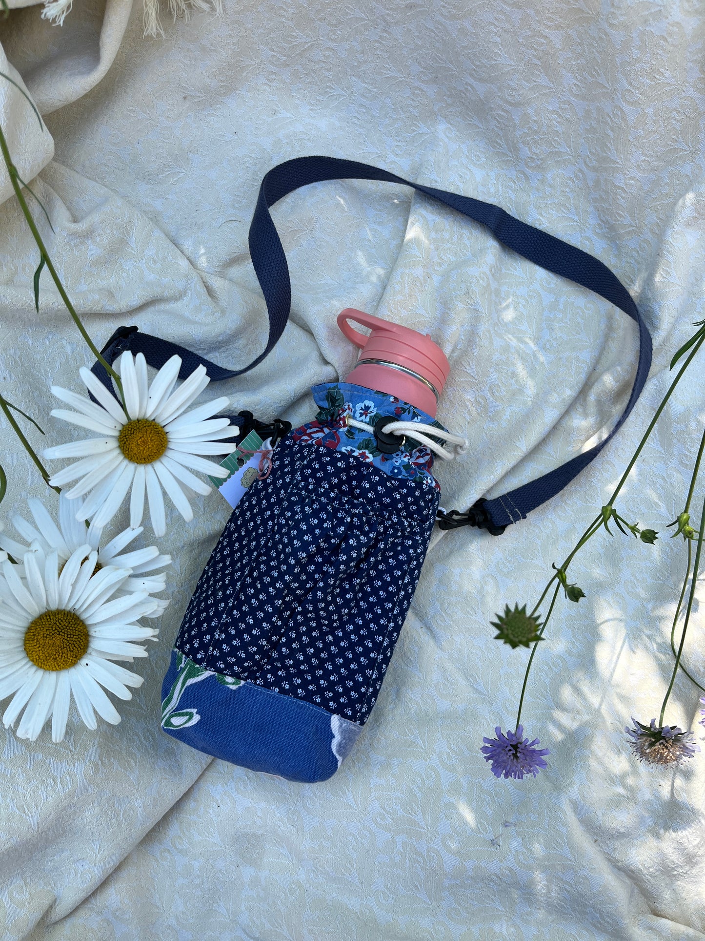 "Prairie Blue" Vintage Fabric Upcycled Crossbody Water Bottle Sling