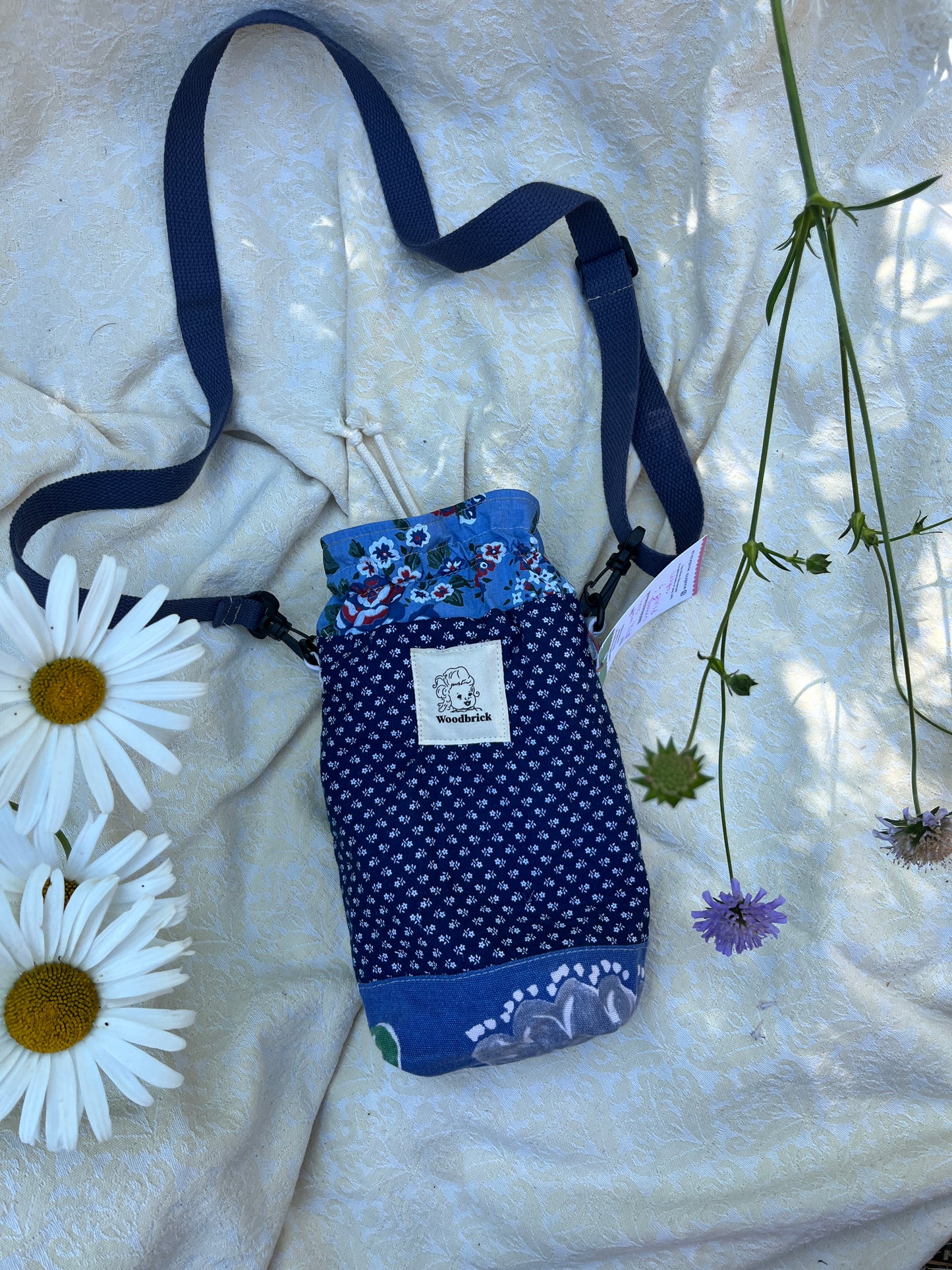 "Prairie Blue" Vintage Fabric Upcycled Crossbody Water Bottle Sling