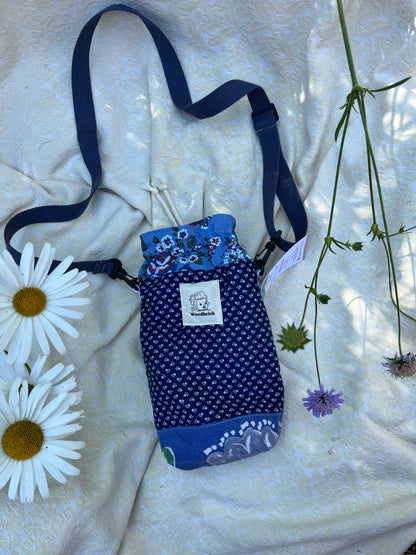 "Prairie Blue" Vintage Fabric Upcycled Crossbody Water Bottle Sling