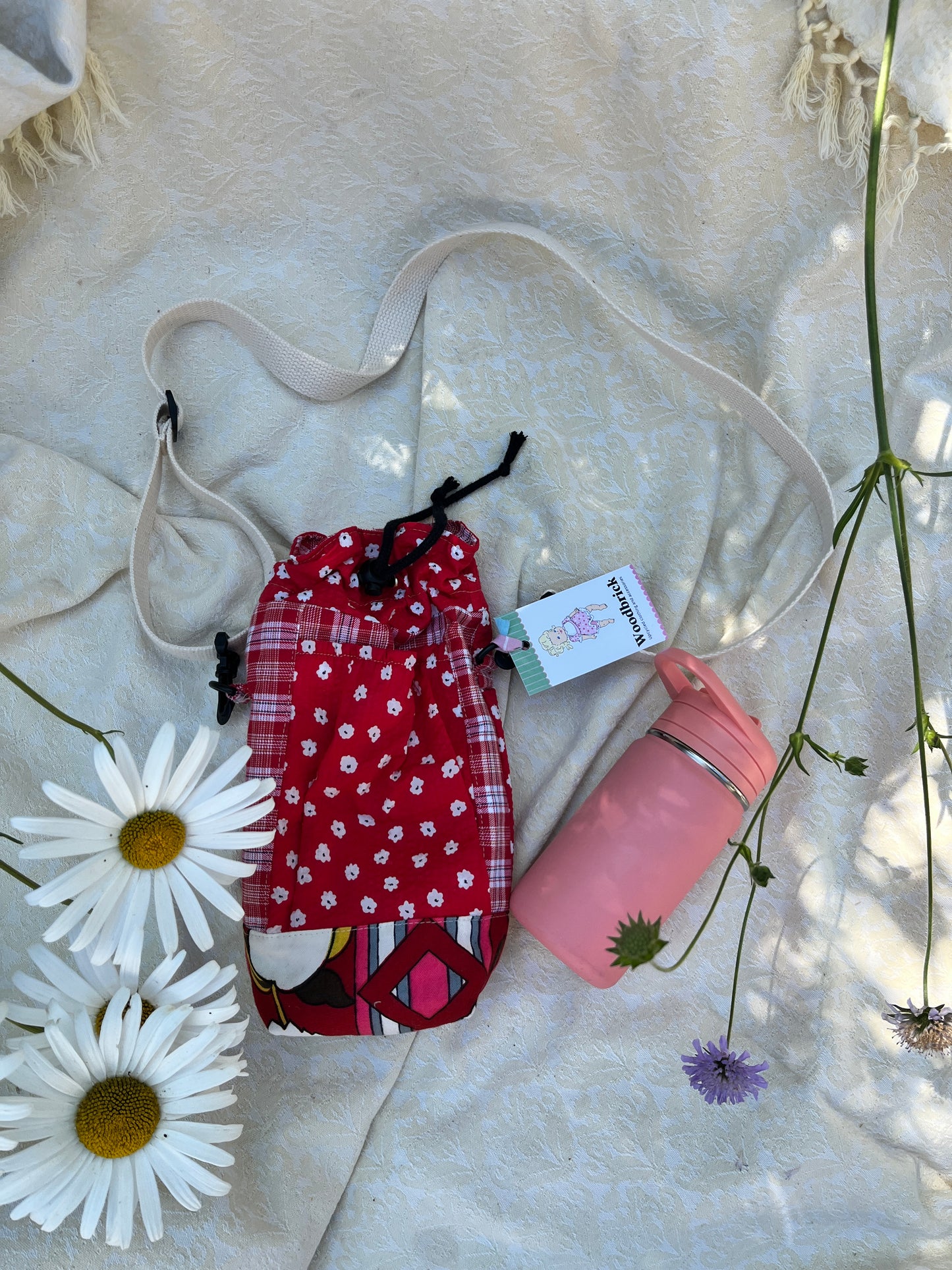 "Cherry Bomb" Vintage Fabric Upcycled Crossbody Water Bottle Sling