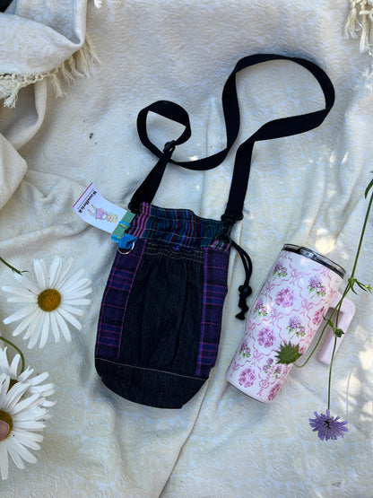 "Midnight" Upcycled Crossbody Water Bottle Sling with Side Opening