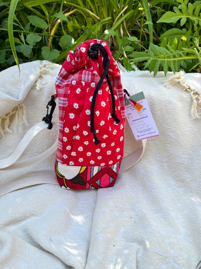 "Cherry Bomb" Vintage Fabric Upcycled Crossbody Water Bottle Sling