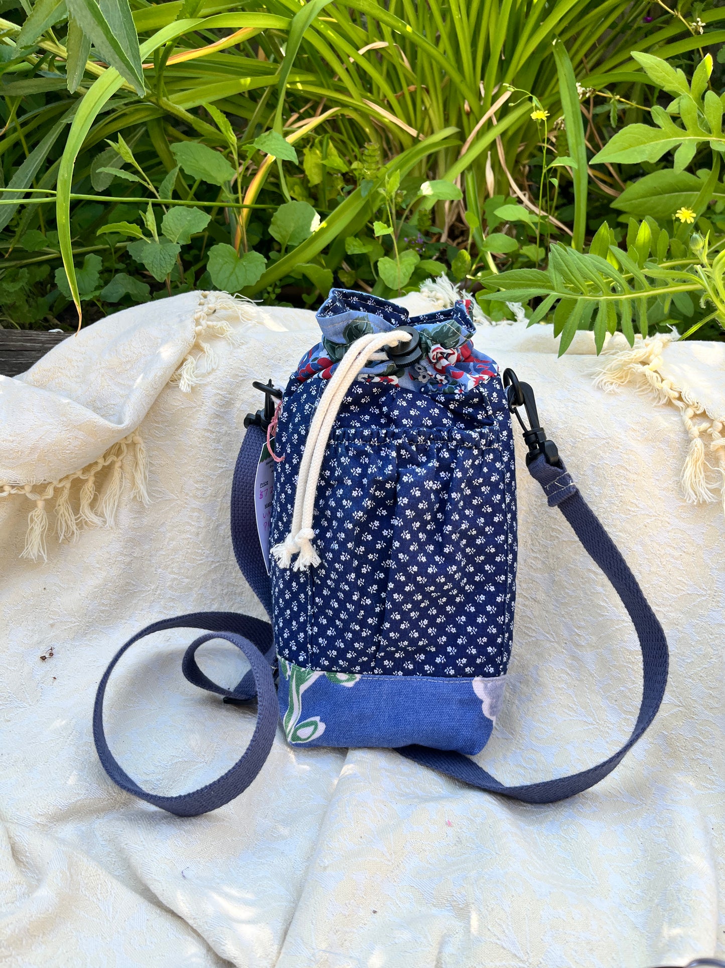 "Prairie Blue" Vintage Fabric Upcycled Crossbody Water Bottle Sling