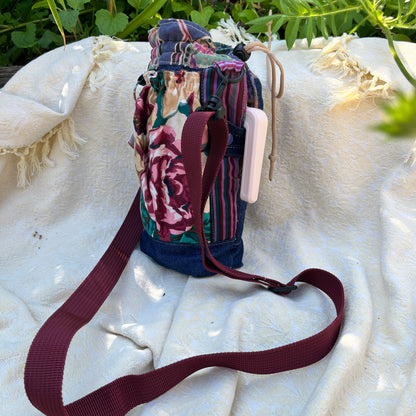 "Garden Show" Upcycled Crossbody Water Bottle Sling with Side Opening