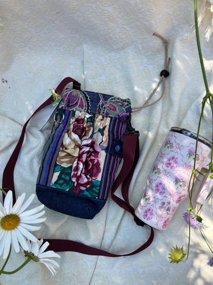 "Garden Show" Upcycled Crossbody Water Bottle Sling with Side Opening