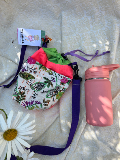 "Bright Spot"  Kantha Quilt Upcycled Crossbody Water Bottle Sling