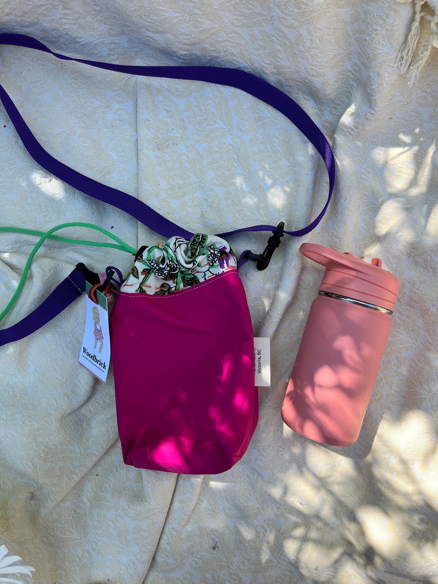 "Hot Pink Summer"  Water Resistant Kantha Quilt Upcycled Crossbody Water Bottle Sling