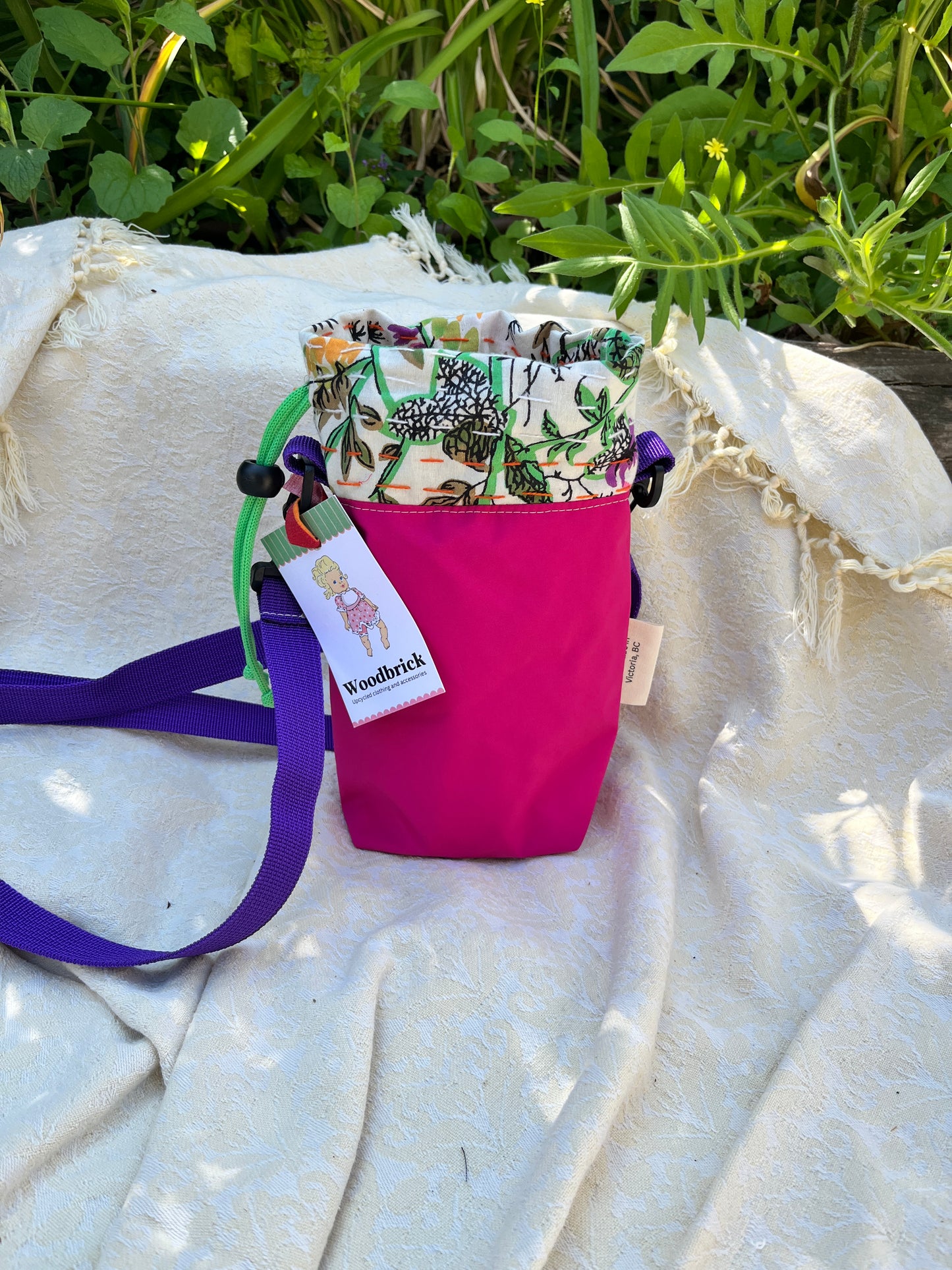 "Hot Pink Summer"  Water Resistant Kantha Quilt Upcycled Crossbody Water Bottle Sling