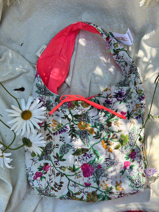 "Coral Splash" Kantha Quilt Large Slouchy Tote