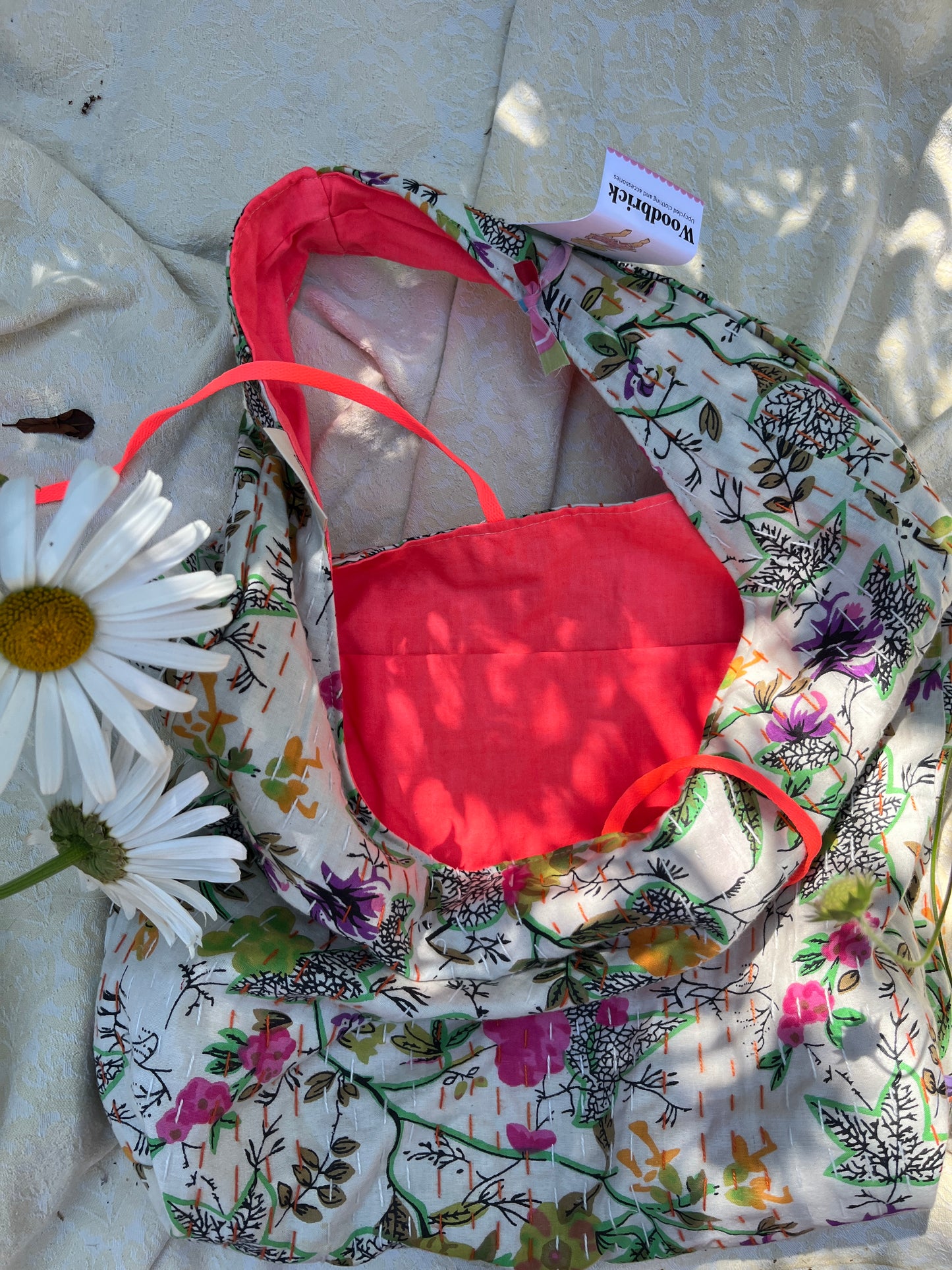 "Coral Splash" Kantha Quilt Large Slouchy Tote